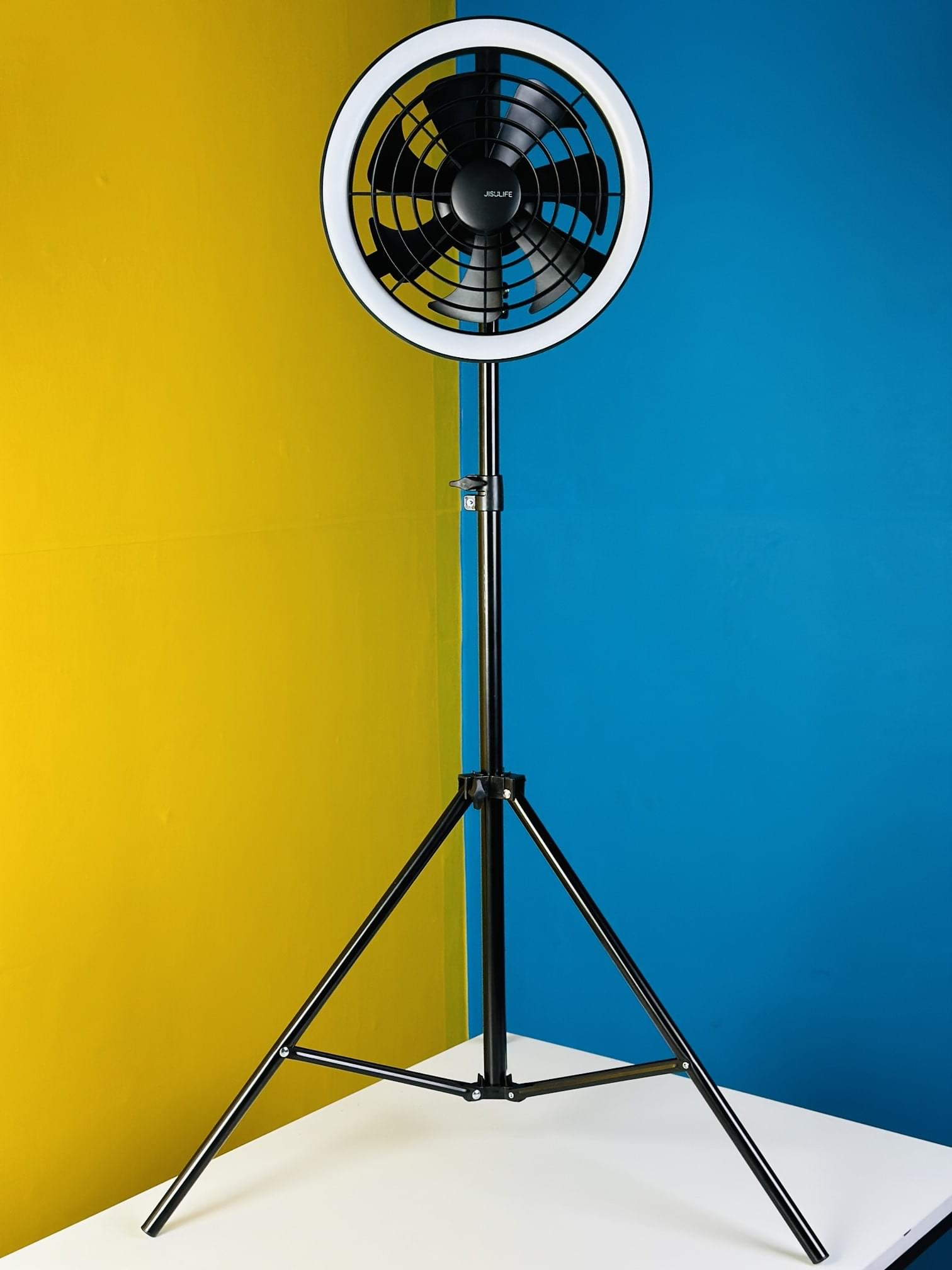 JISULIFE FA17 Rechargeable Fan with LED Ceiling Fan with Long Tripod Stand- Black Color